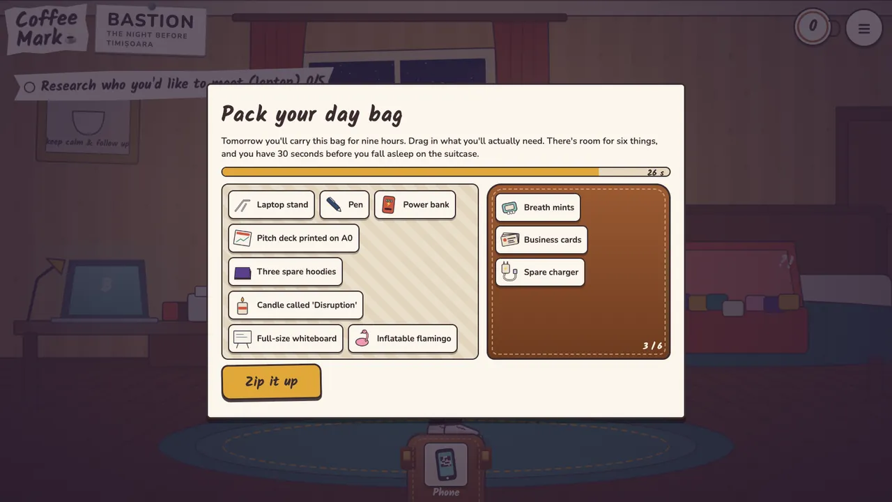 Pack your day bag mini-game: drag business cards, power bank and spare charger into the bag, leave the inflatable flamingo behind.