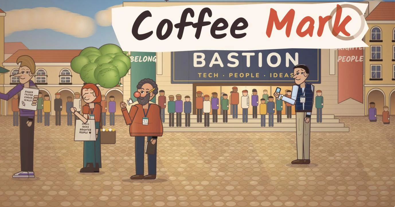 Coffee Mark networking game: the Bastion square with attendees and the Coffee Mark banner