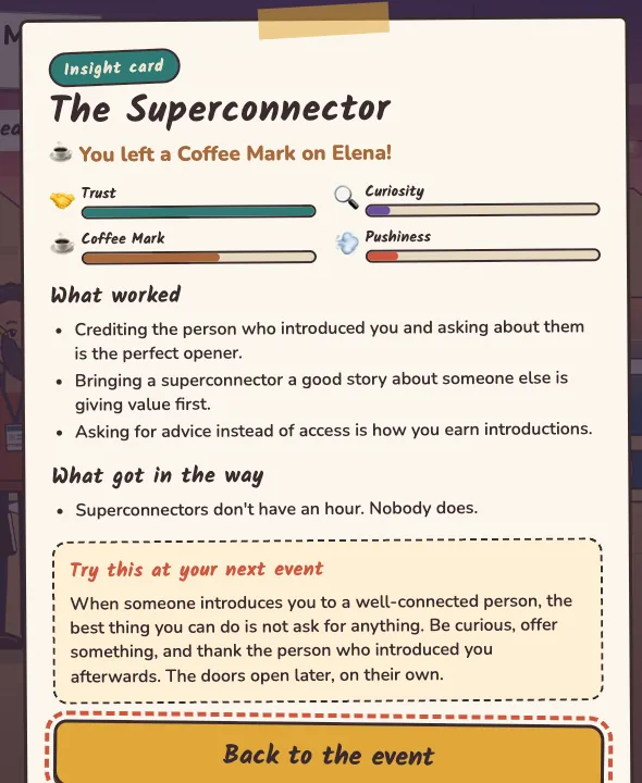 Insight card for the Superconnector: what worked, what got in the way, and a tip to try at your next event.