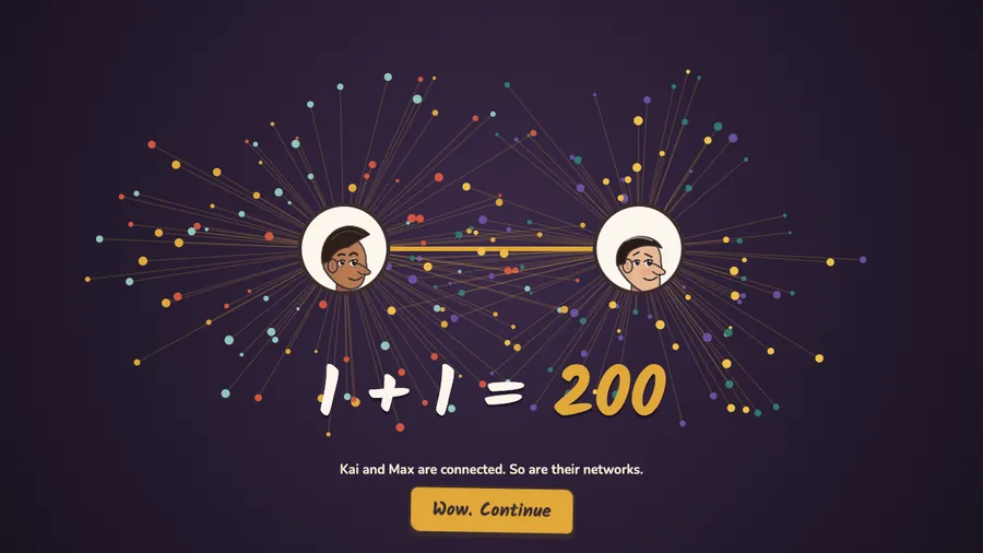 1 + 1 = 200: two connected characters, each with a whole network lighting up around them.
