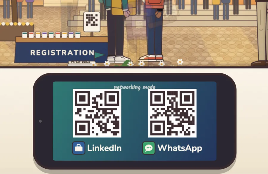 The player's phone in networking mode, showing two QR codes labelled LinkedIn and WhatsApp.