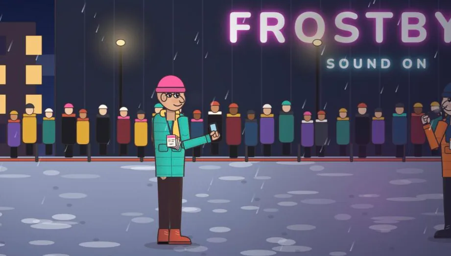 The Frostbyte event in Coffee Mark: a long queue in the Helsinki sleet under a glowing neon sign, a volunteer in a pink hat checking tickets.